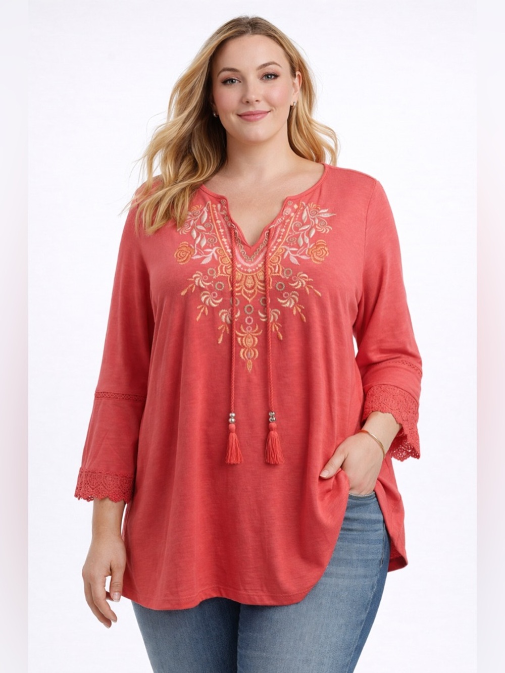 NWT Allison Daley Coral Embroidered Boho V-Neck Tunic Top Tie Front 2x